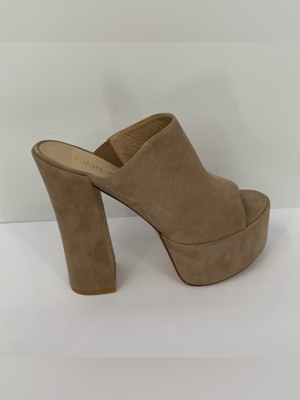 Stuart Weitzman 145 Skyhi suede slide mule shoe platform chunky heel brown 10